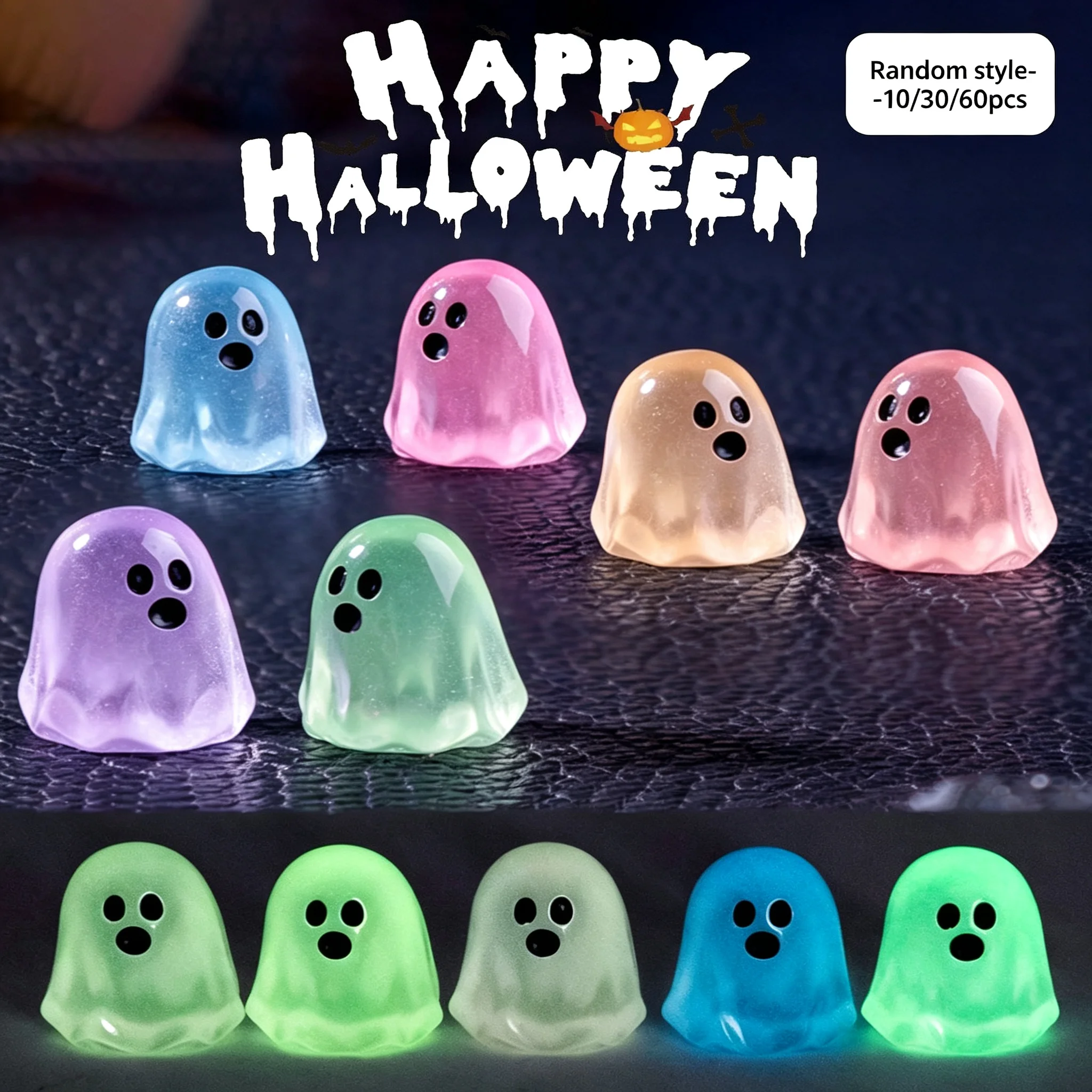 10/30/60pcs Halloween Luminous Ghost Mini Dolls Creative Resin Decorative Ornaments for Car Fairy Gardens Potted Plants Micro