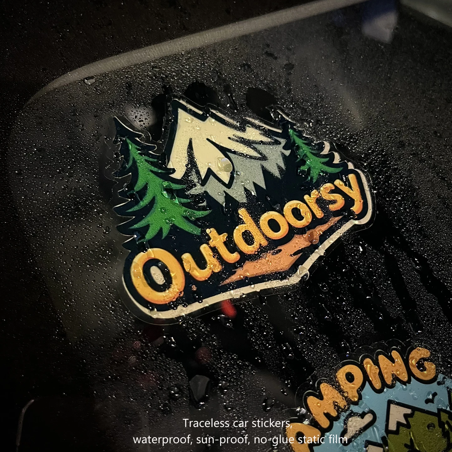Static cling stickers for outdoor camping windshields, RVs, wagons, travel windows, and electric motorcycles.