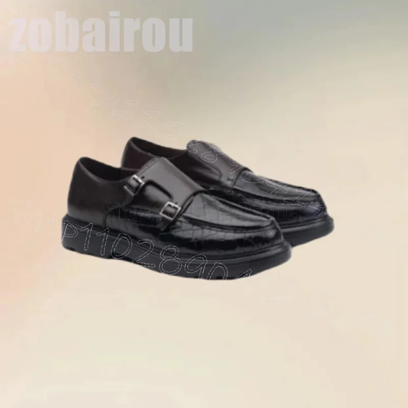 

Black Sewing Design Buckle Decor Platform Loafers Fashion Slip On Men Shoes Luxury Handmade Party Feast Dating Men Casual Shoes
