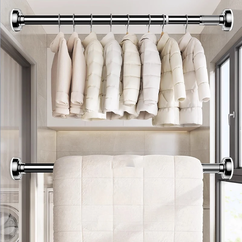 Household Bathroom Hanging Rod Extendable Non Punching Multifunctional Stainless Steel Tension Shower Curtain Rod