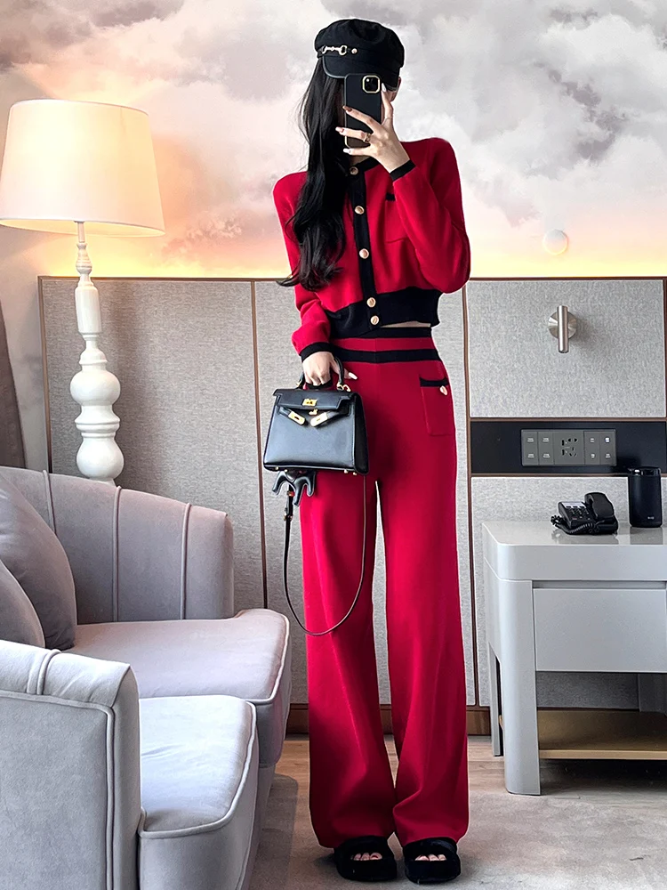 Korean Two Piece Sets Women Long Sleeve Red Casual Knitted Cardigan Coat Wide Leg Pants Sweater Set CHIC Knitted Outfits