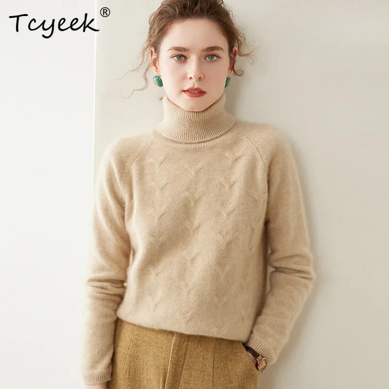 

Tcyeek, 100%Pure Cashmere Elegant Sweater, Women Turtleneck Jacquard, Fashion Casual Knit Sweater, 2024 Autumn Winter T48149QM