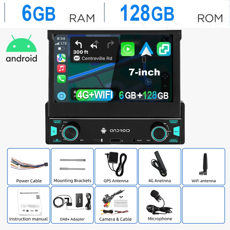 ESSGOO Autoradio Android15 7" 6+128 GB 1 DIN Handmatig Intrekbaar Uitklapbaar Aanraakscherm 4G LTE Draadloze CarPlay Android Auto RDS Equalizer GPS Navigatie WiFi Bluetooth FM AM Mirror Link