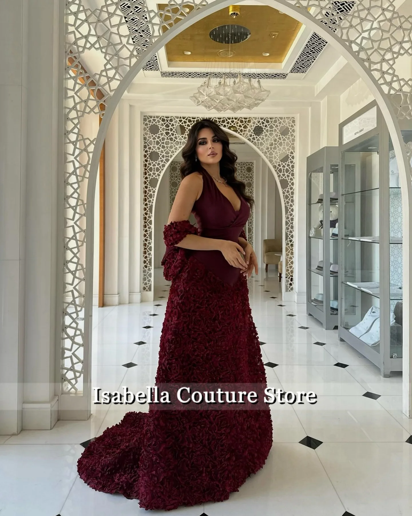 

Burgundy Red Halter Flower New Luxury Women Evening Dresses 2025 Dubai Aline V N Long Party Gown Vestidos Customized
