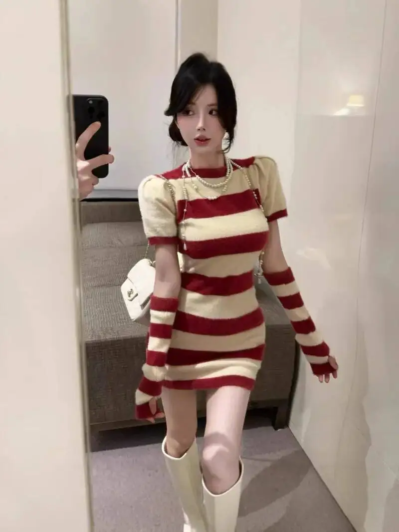 Doce mini vestido de malha camisola grossa picante menina moda vermelho branco retalhos listras puro desejo bonito vestido elegante nvv8