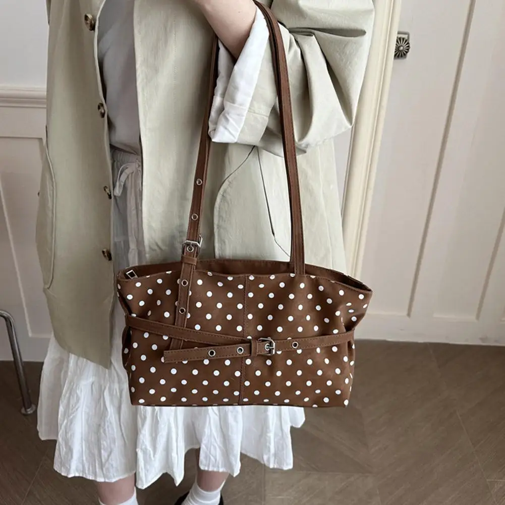 Damen-Tragetasche mit Polka-Dots, große Kapazität, Schulterhandtasche, Vintage, lässig, für Pendler und Einkäufe – Detail 13