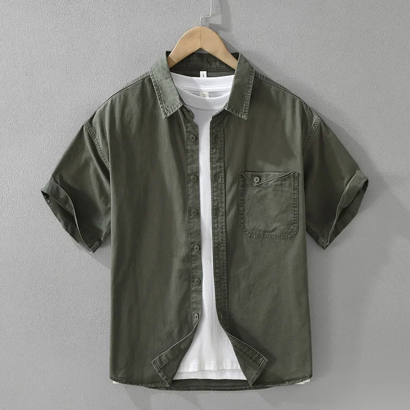 

2026 Summer New Casual Cargo Pure Linen Short Sleeve Shirts for Men Clothing Loose Turn-down Collar Streetwear