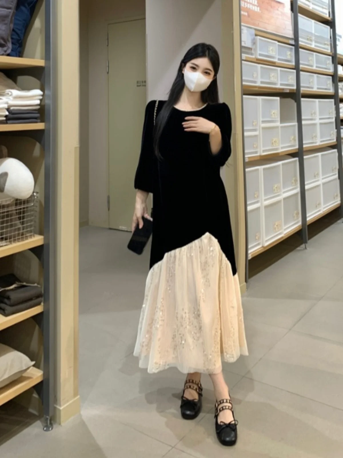 plus Size Hepburn Sle Velvet Dr Women's New 2025 Autumn Ele Little Bla Dr Fat MM Belly Cover Slimming Skirt