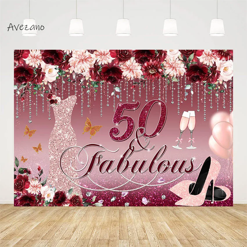 Avezano Photography Background 50 and Fabulous Flower High Heels Champagne Diamond Woman Birthday Backdrop Photo Studio Decor