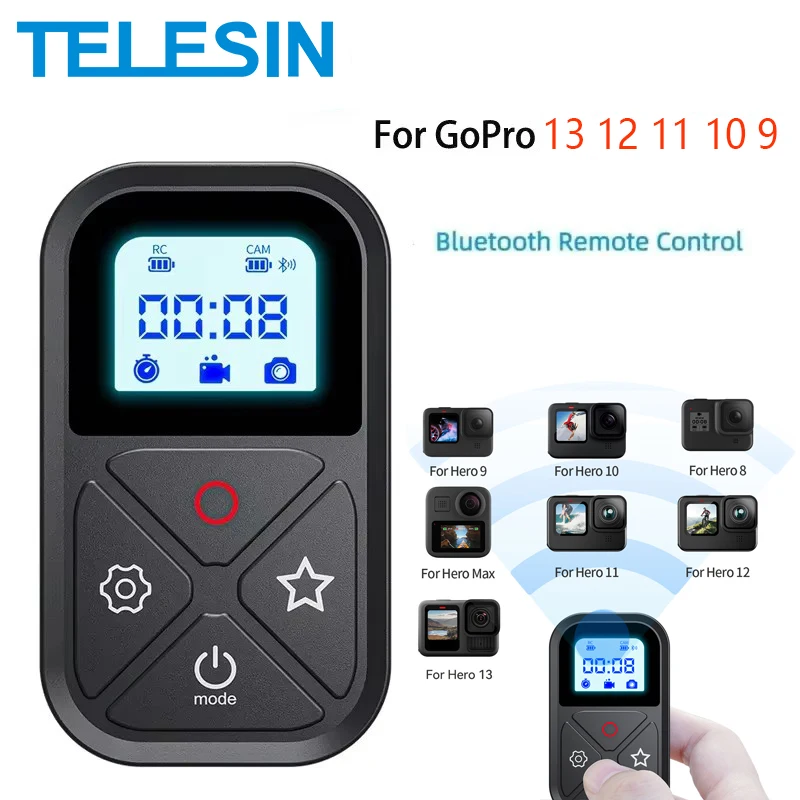 TELESIN 80M Bluetooth Remote Control For GoPro 13 12 11 10 9 LED Screen Wrist Strap For GoPro Hero 8 Max iPhone 15 14 13 Samsung