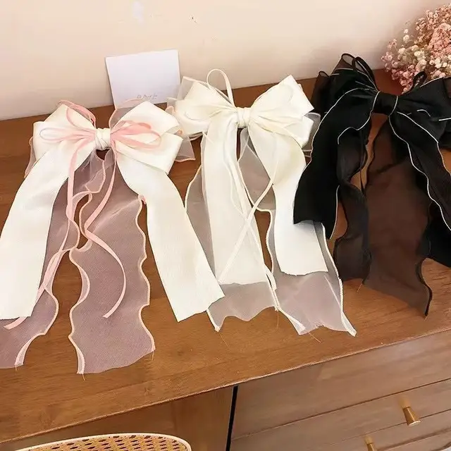 Kobiety elegancka koronkowa kokardka wstążka spinki do włosów jednokolorowe satynowe klipsy z kokardką dziewczyny koreańskie spinki do włosów imprezowe nakrycie głowy akcesoria do włosów