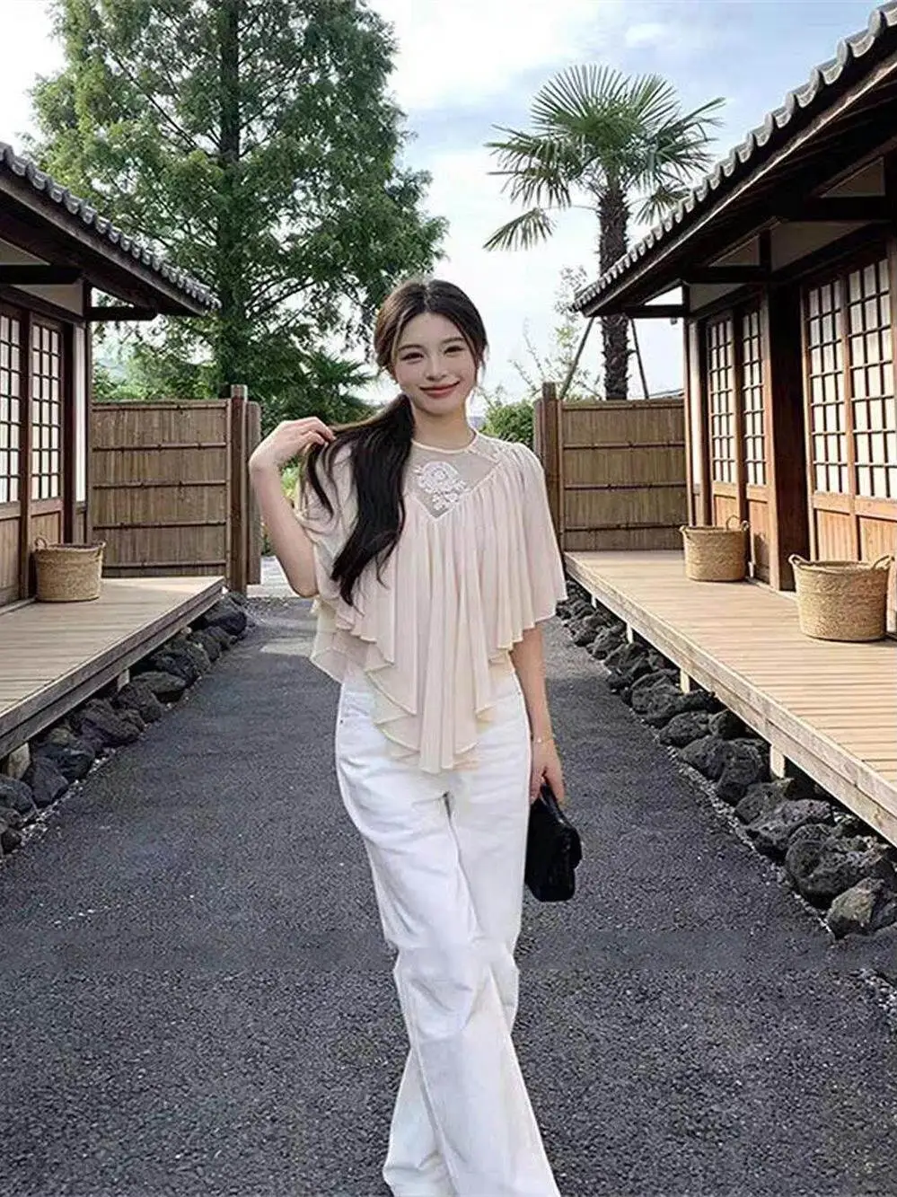 Gentle Korean Style Lace Embroidered Asymmetrical Chiffon Top Women's Early Spring New Style Cover up Blouse Soft Wind