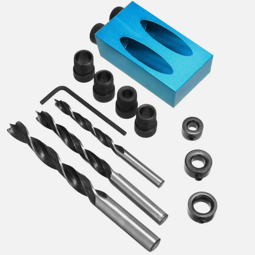 

Woodworking Oblique Pocket Hole Locator Jig Kit 6/8/10mm Drill Bits 15° Angle Drill Guide Set for Furniture Joinery DIY Tools
