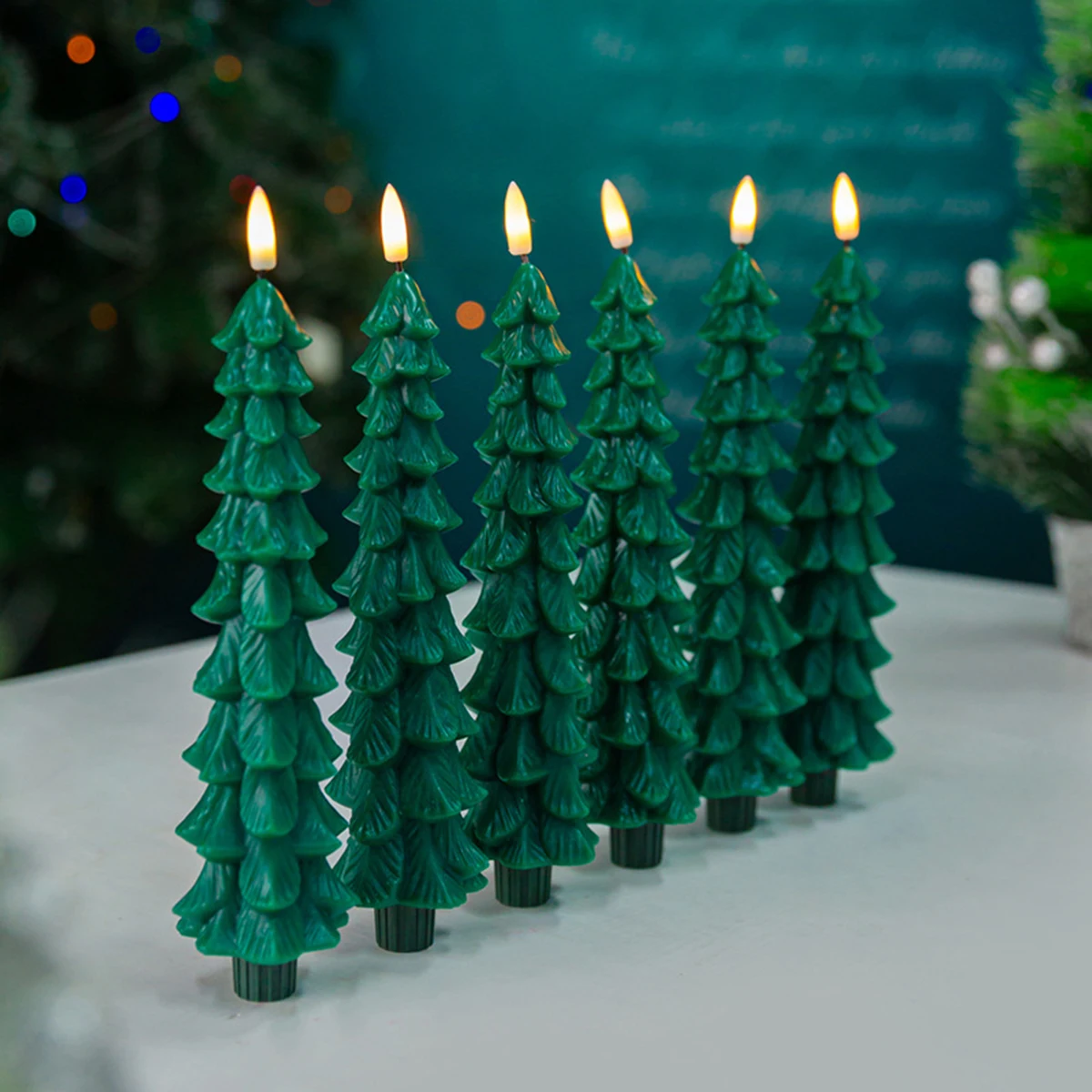 6pcs/2pcs Christmas Tree LED Flameless Candles Light with 3D Flame Wick Green LED Candlesticks Operated for Christmas Home Decor