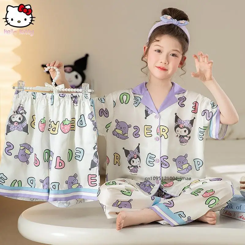 

3Pcs Kuromi Sanrio Children Pajama Sets Lapel Cinnamoroll Hello Kitty Cartoon Anime Ice Silk Short Sleeve T-Shirt Pants Shorts