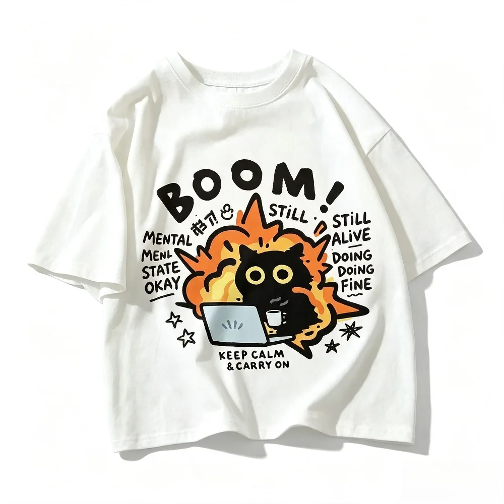 Cartoon Explosion Black Cat Laptop Graphic Men T Shirt Casual Cotton Short Sleeve Streetwear Tops