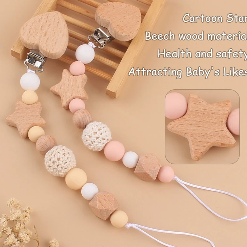 Baby Pacifier Chain Beech Wood Clip Teething Chain  Nipple Holder Leash Chewable Pendant Newborn Essential