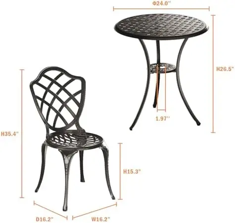 3 Piece Patio Bistro Set, Outdoor Bistro Table and Chairs Set of 2 w/Umbrella Hole, Rust-Resistant Cast Aluminum Bistro
