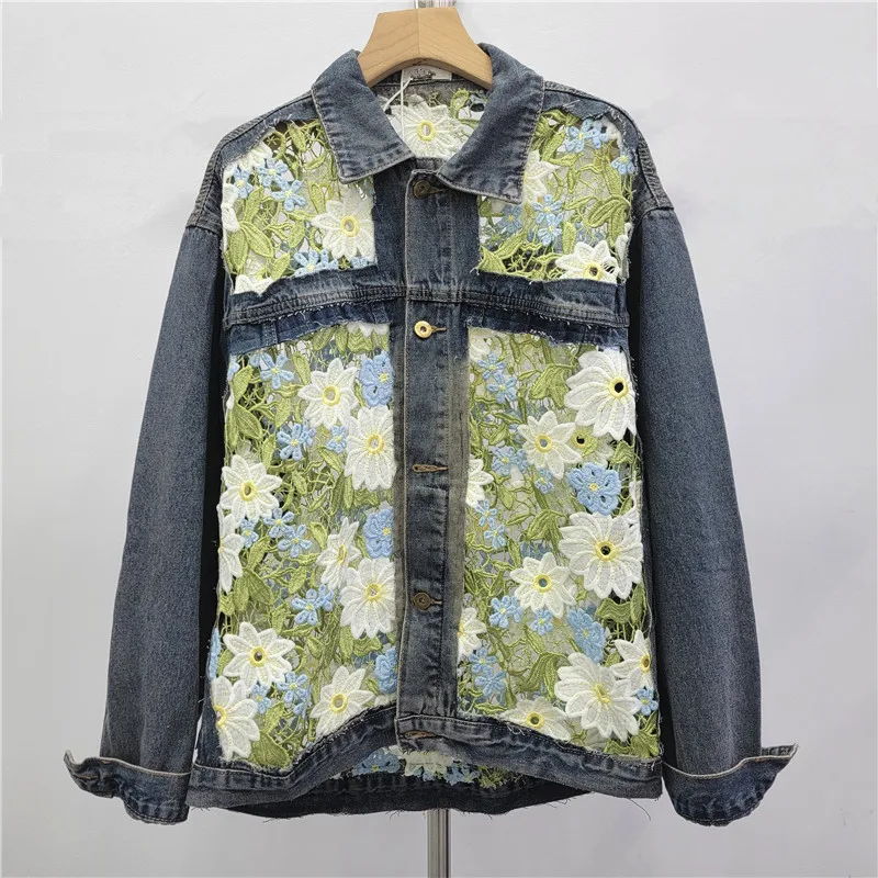 

SuperAen Designed Lace Mesh Embroidered Denim Patchwork Coats for Women Spring 2026 New Korean Style Hollowed-out Casual Coats