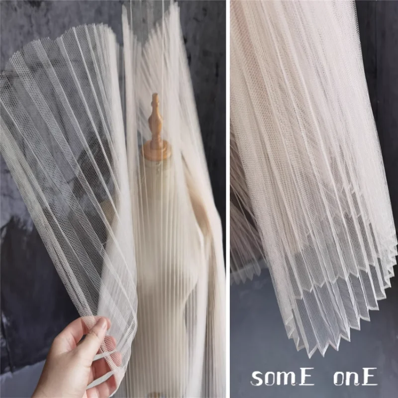 Stiff Accordion Pleated Mesh Tulle Fabric Beige DIY Bubble Skirt Wedding Dress Shape Sew Fashion Dress Designer Fabric