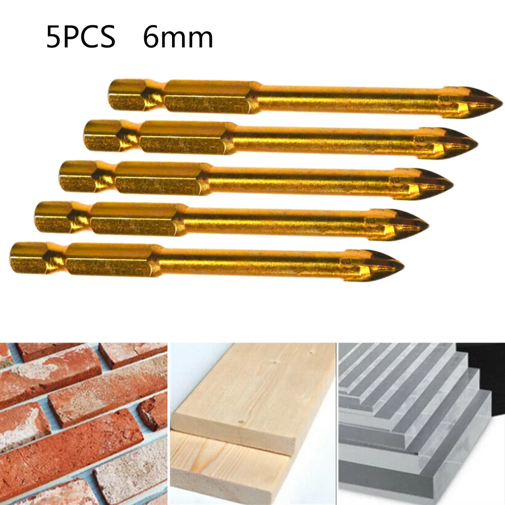 5pcs 6mm Drill Bits Set Cross Spear Head Drill Bit Hex Shank Tile Porcelain Marble Ceramic Glass Brick Drilling For Power Tool