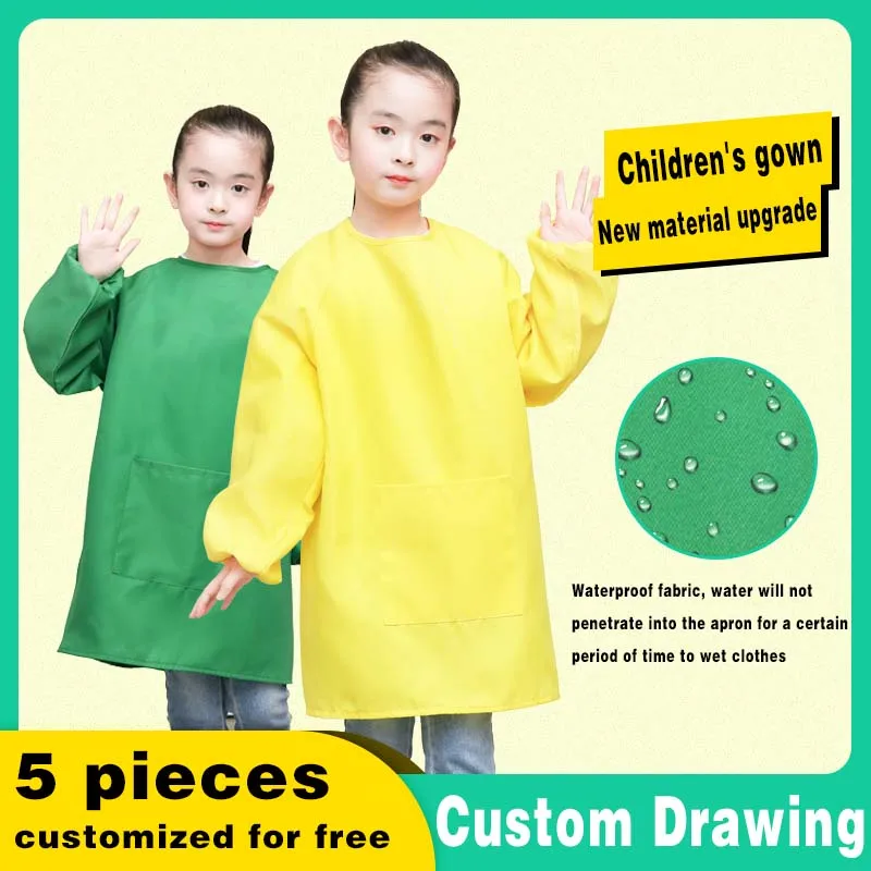 Customized School Name LOGO Kid Children\'s Painting Art Waterproof Kindergarten Restaurant Anti-fouling Pockets Multi-size Apron