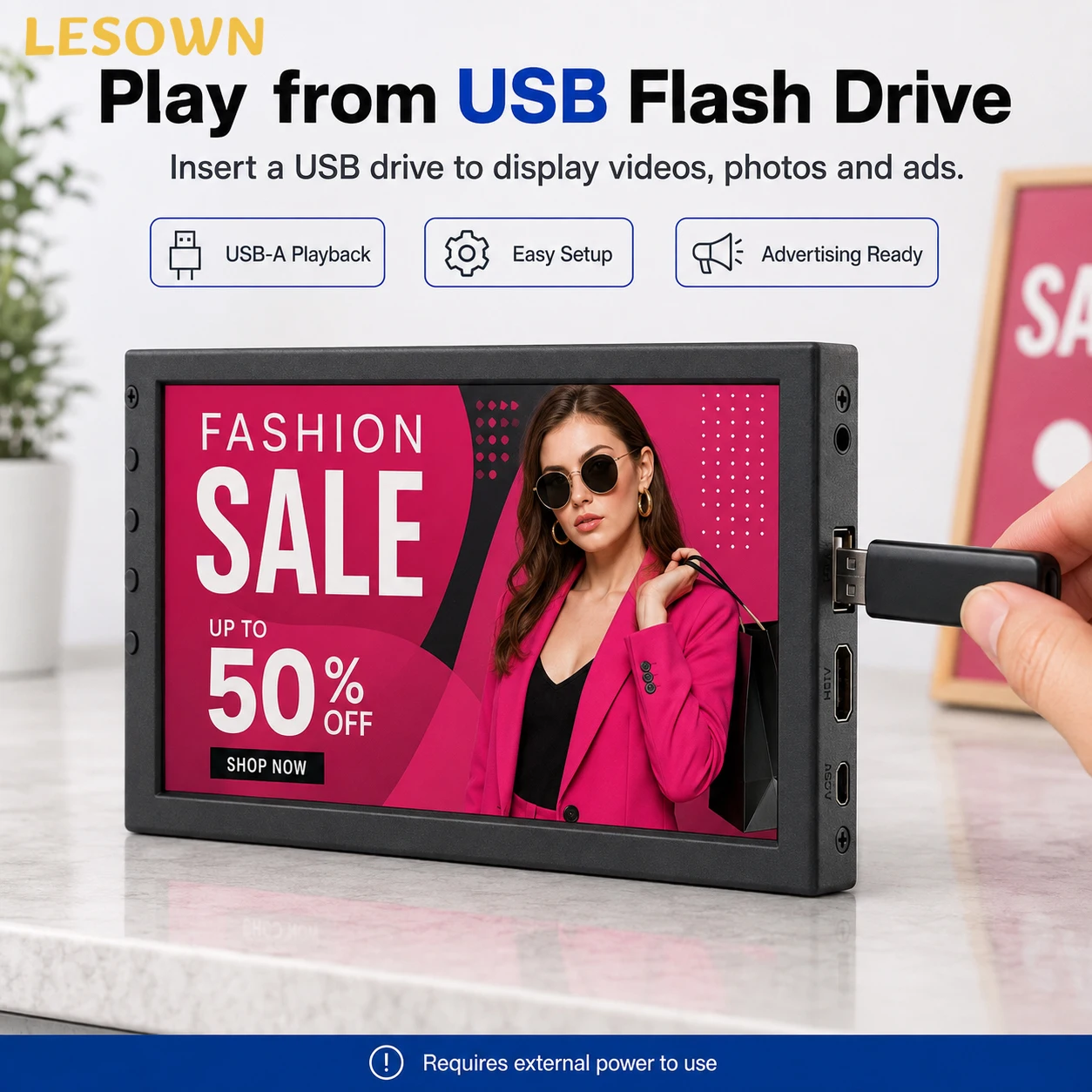 LESOWN Compact Small 7 Inch Digital Display Monitor USB Flash Drive Video Player Auto Play Screen for Business Promotion