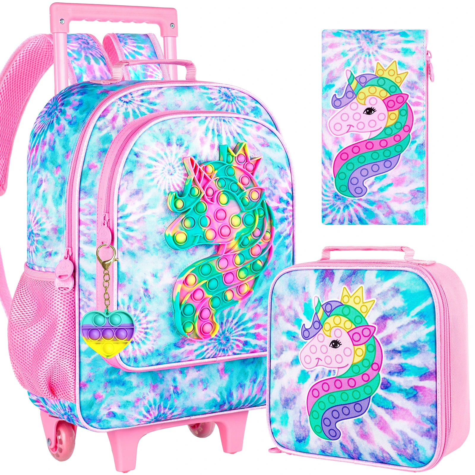 

4PCS Rolling Backpack for Girls,Kids Unicorn Backpacks with Roller Wheels, Wheeled Bookbag with Lunch Box for Toddler Elementary