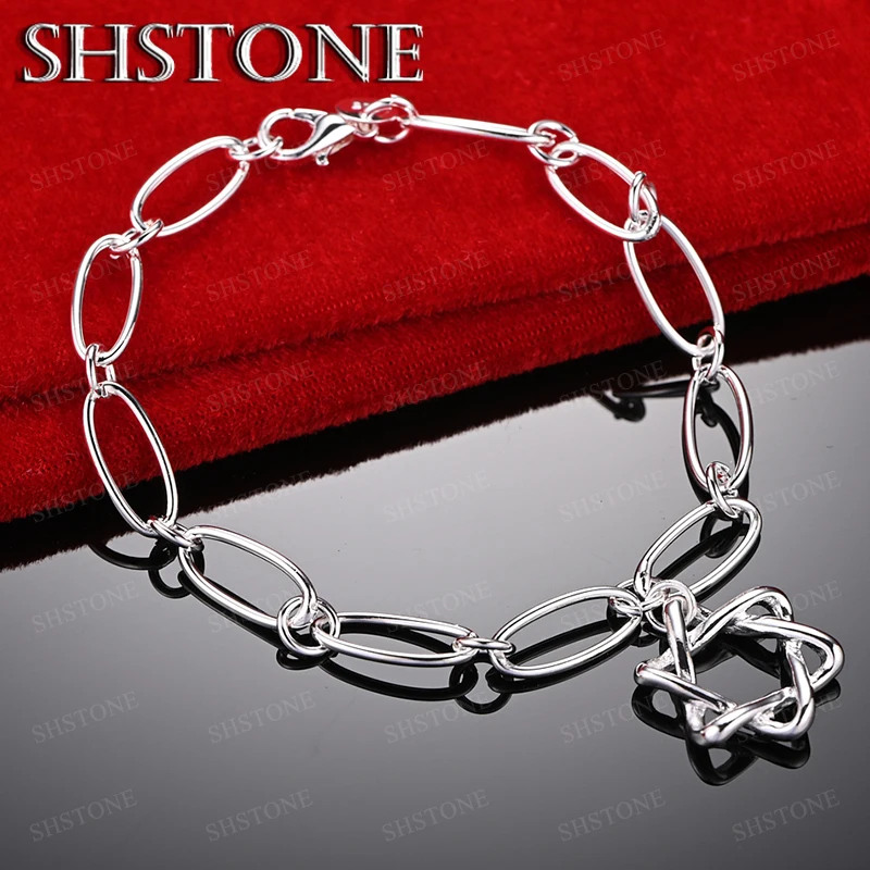 925 Sterling Silver Oval Link Bracelet With Openwork Stars Stylish Charming Original Design Perfect Birthday Party Gift Women