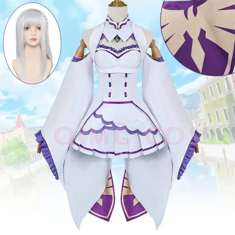 Re Zero Kara Hajimeru Isekai Seikatsu Emilia Cosplay Costumes Women Dress with  for Headdress Halloween Party