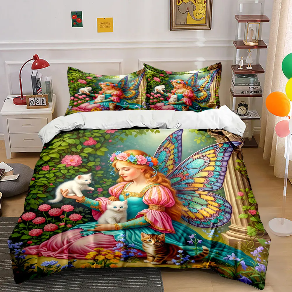 Fairy elf with adorable kittens Print Bedding Set 1 Duvet Cover 2 Pillowcases for Adult and Children Luxury Gift Full Size