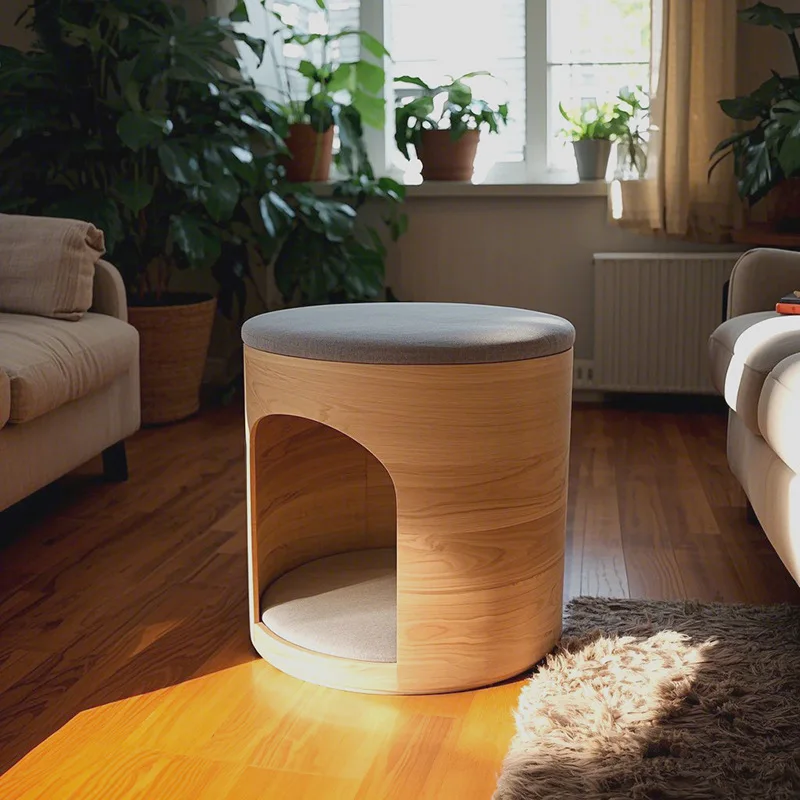 Solid wood cat nest stool integrated sitting stool cat stool nest human pet dual purpose pet villa nest