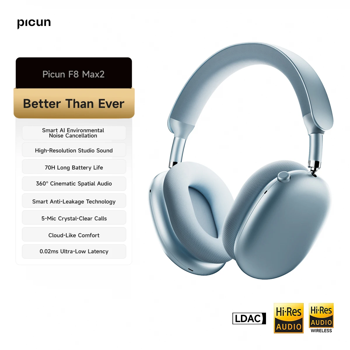 Picun F8MAX ANC Kabelloser Kopfhörer 56dB Hybrid Aktive Geräuschunterdrückung Räumlicher Klang Ohrhörer Bluetooth 6.0 Over-Ear-Headset 65 Std.
