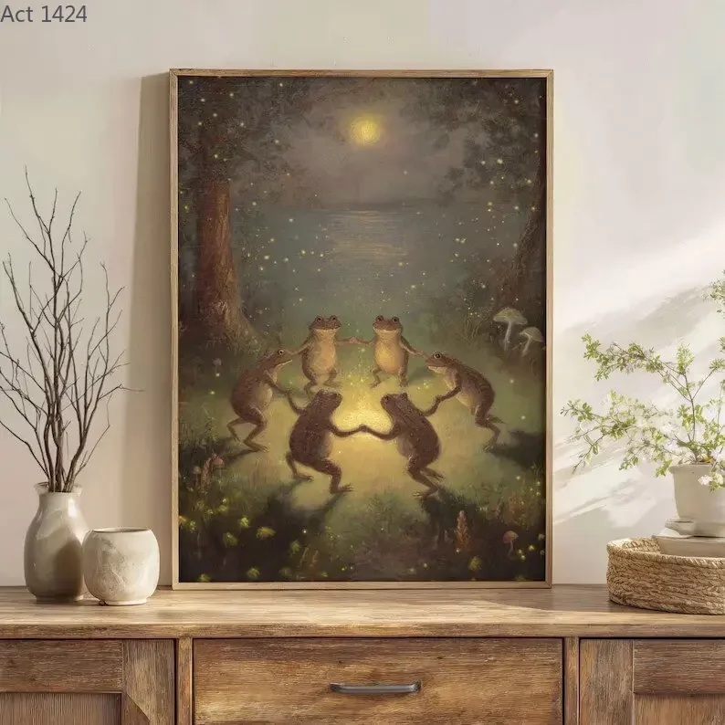 Póster artístico con estampado de ranas bailarinas | Pintura de Animales del Bosque, Estilo Cottagecore, Decoración Forestal, Póster en Lienzo sin Marco