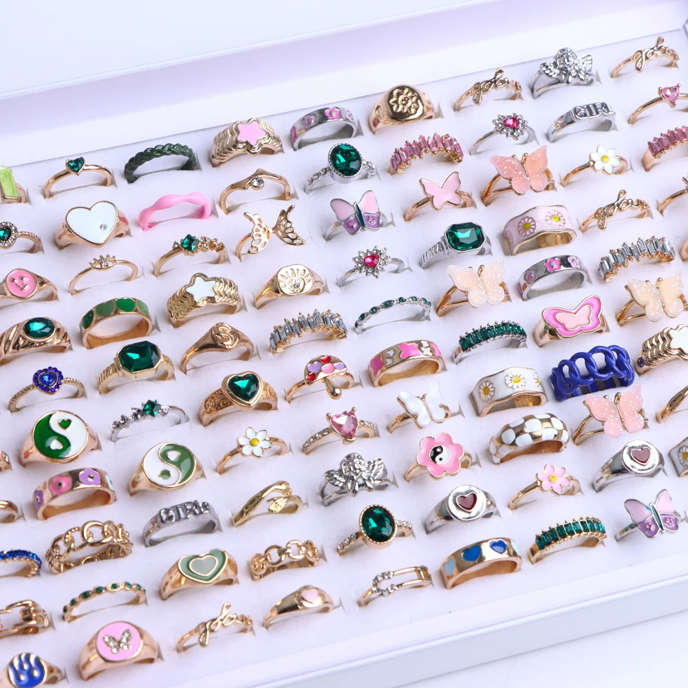 50Pcs/Lot Fashion Bohemia Rhinestone Ring For Lady Women Trendy Geometric Butterfly Snake Mixed Style Jewelry Wedding Party Gift