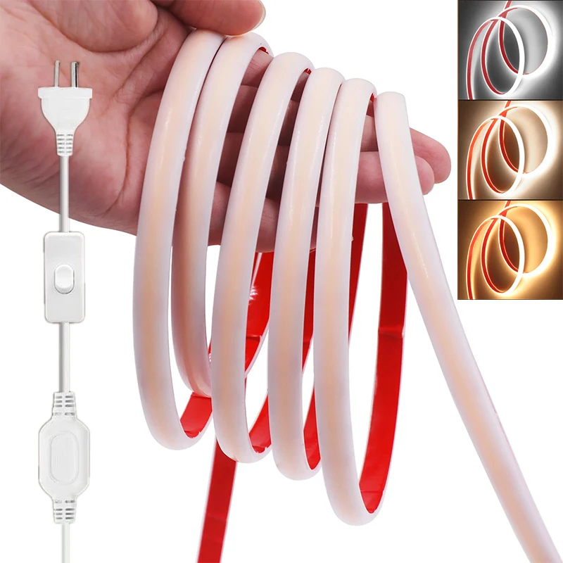 

220 В COB светодиодная лента неоновый свет самоклеящаяся лента ЕС AU вилка включения/выключения водонепроницаемая светодиодная лента Cob 288 светодиодов/м 1-50 м для дома