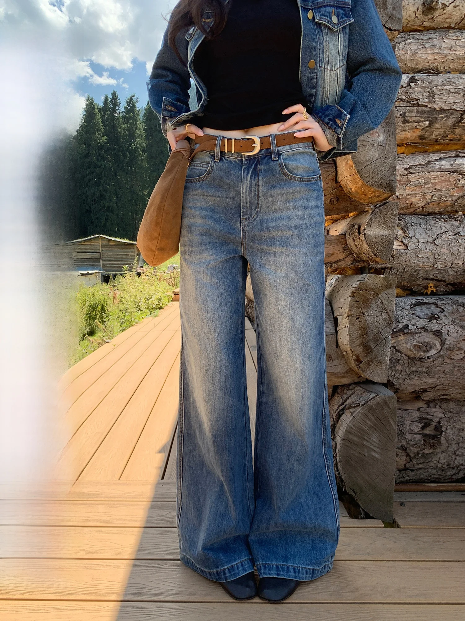 Low Waist Wide Leg Casual Jeans Pusumede Vintage Twill Loose Straight Loose Long Pants Women's Fashion Cotton Zipper Fly
