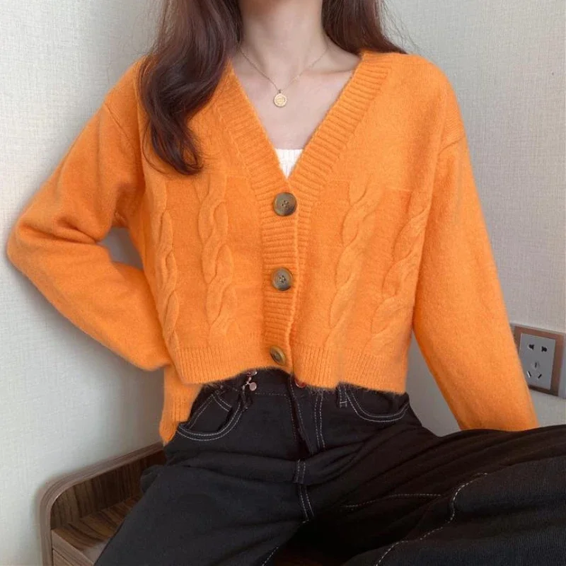 秋 Y2k ニットカーディガン女性のためのクロップド甘いカレッジセーター V ネックオールマッチ韓国スタイル女性の入札長袖