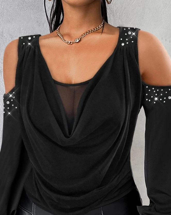 Female Clothing T-Shirts Pullover Tops Sexy Rhinestone Cold Shoulder Sheer Mesh Patch Top 2023 Autumn Spring New Fashion Casual