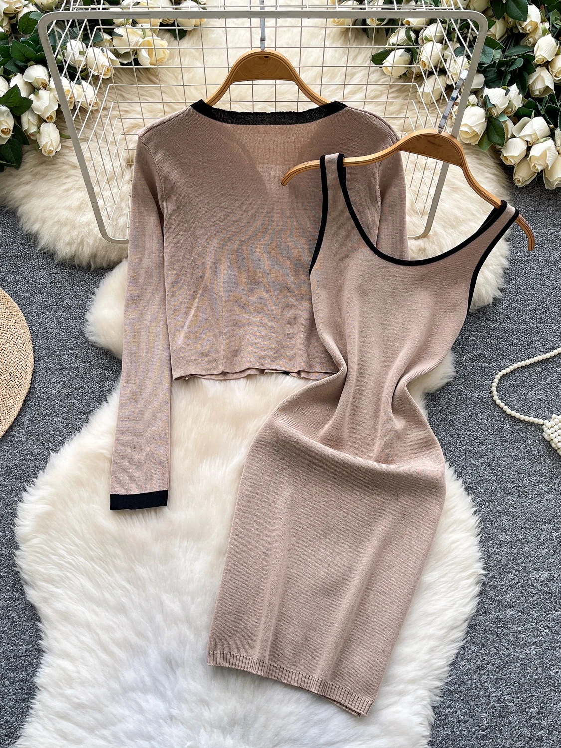 벨트가 있는 니트 롱 스웨터 오픈 가디건 아우터웨어, 하이 웨이스트 스트랩, 드레스 패션 컬러 블록 여성 세트