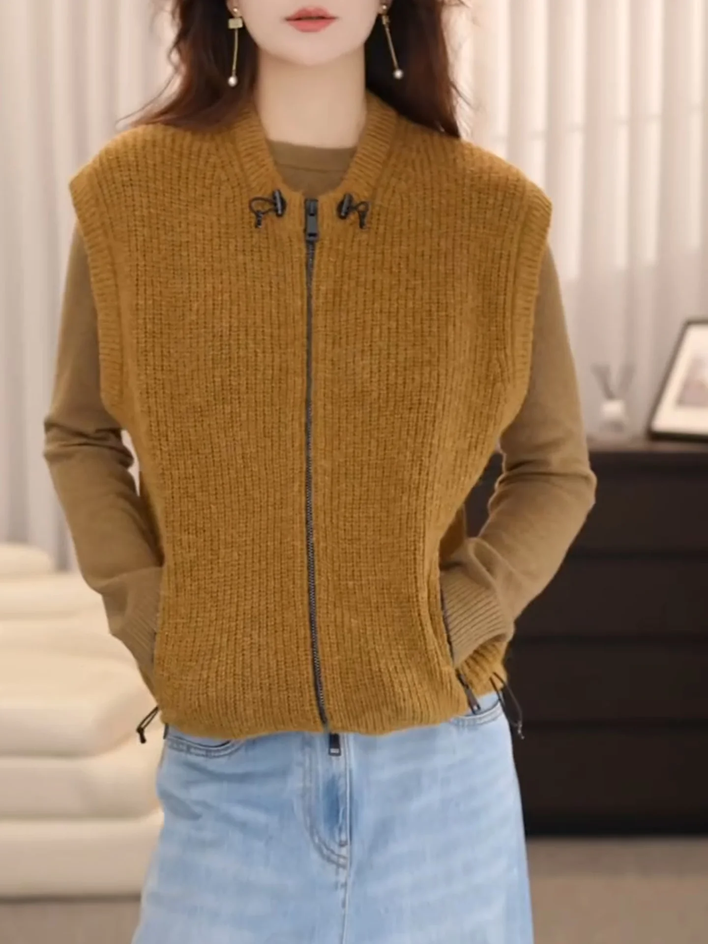 

Fall Winter Zipper Knitted Vest Women's Svel round Ne Sweater Vest Versatile Autumn Winter Commute Korean Sle Loose...