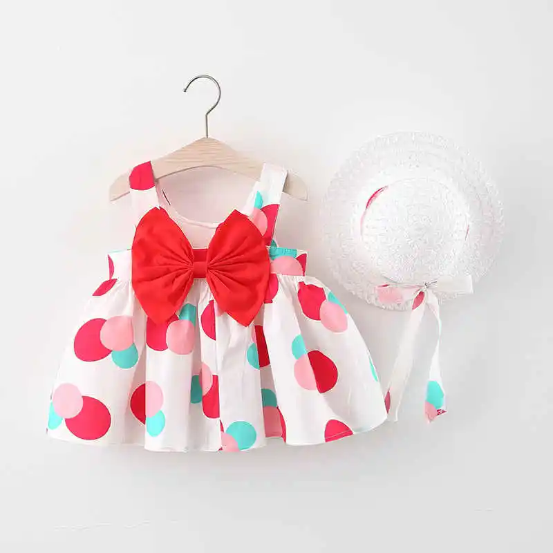 

Baby Clothes Girl Summer Bow And Spot Pattern Halter Girl Kid's Dress Cute Beach Children Dresses With Hat