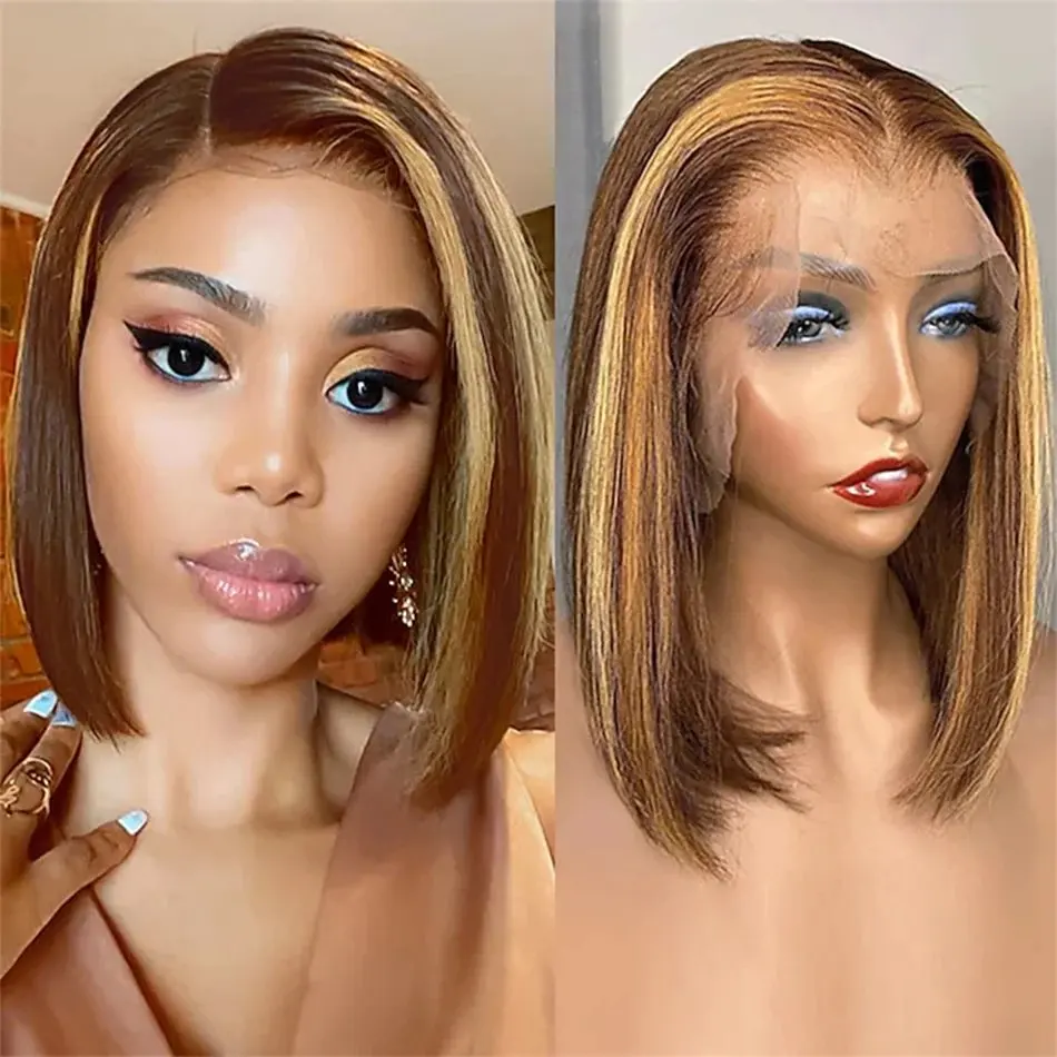 

Highlight Piano Colored 13x4 Straight Transparent Lace Frontal Brazilian Remy Short Bob Wigs Density 180% For Women