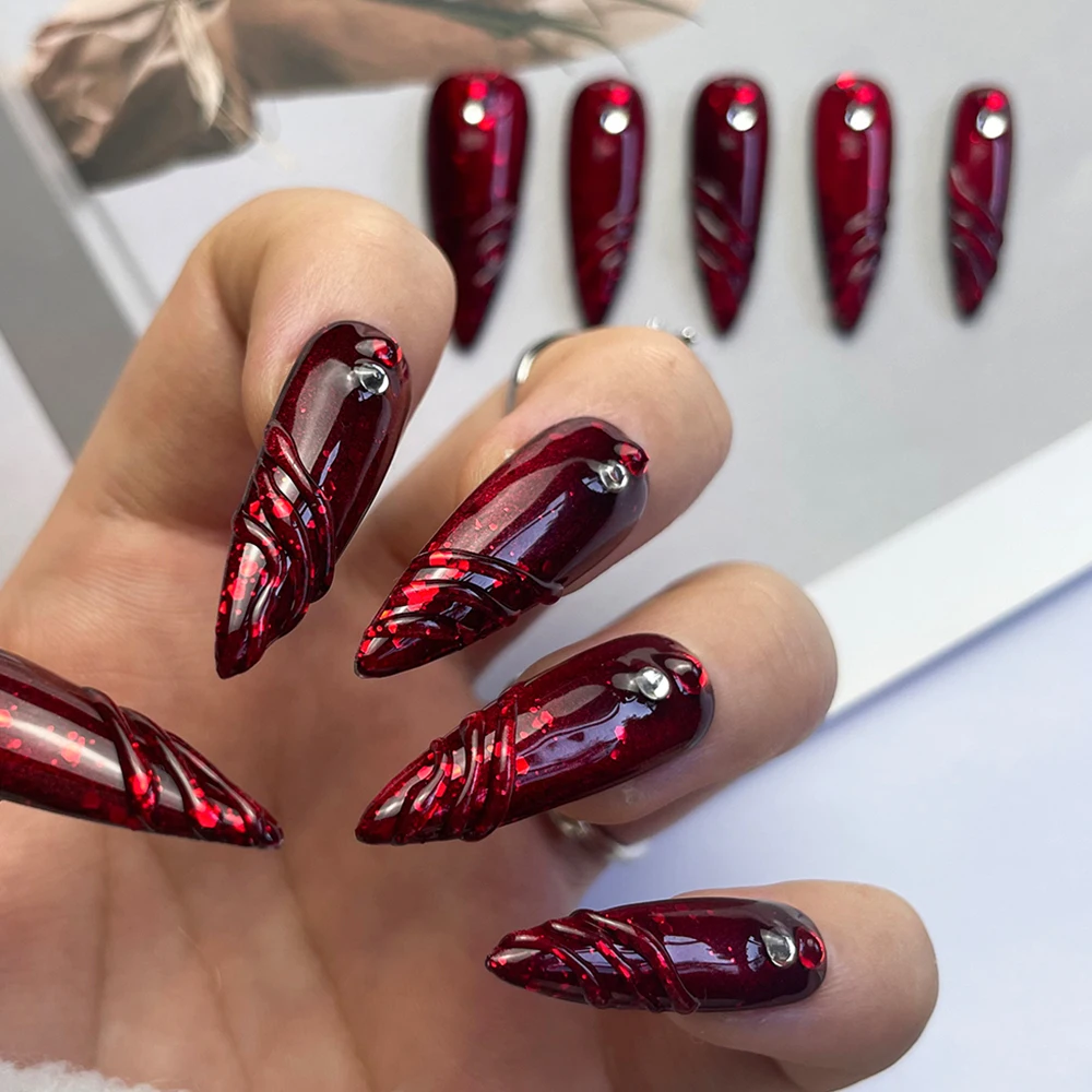 

Pure Handmade Red Long Stiletto Full Cover Fake Nails Spice Girl Punk Diamond Artificial Wearable Nail Ring Crystal Bracelet Set