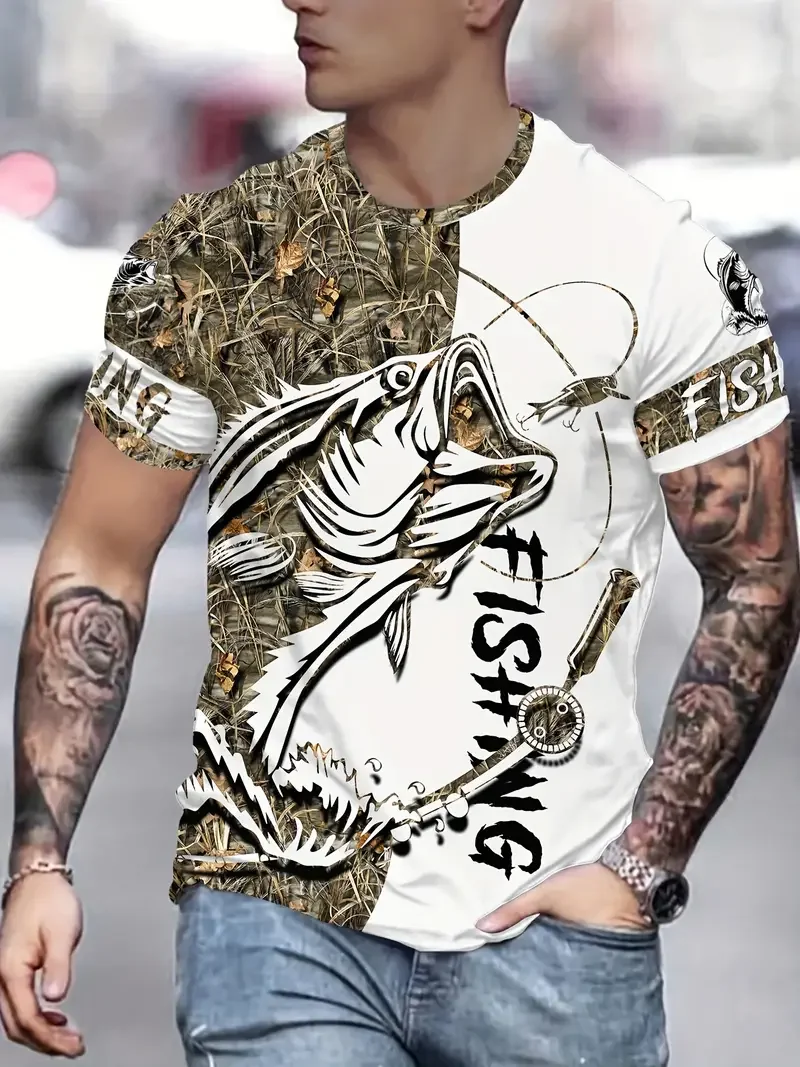 Men's Fishing Enthusiast Crew Neck 3D Print Fish Hook & Bass Graphic Plus Size Casual Sports Style Summer T-Shirt Tops