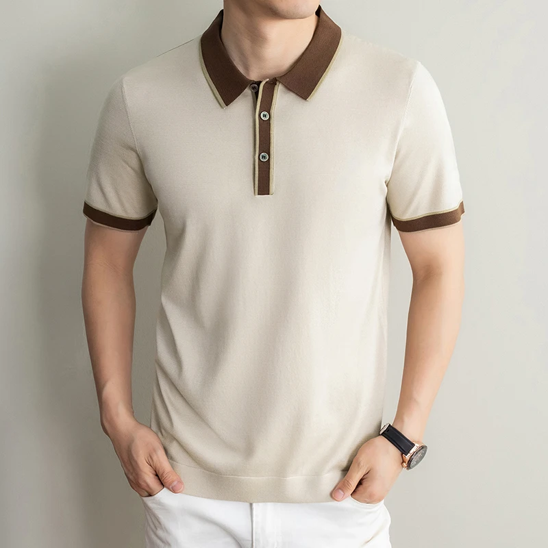 

Men's T-shirt 2026 Summer New 100% Lyocell Short Sleeved POLO Collar Knitted Tops Business Casual Color Blocking Men's Clothing