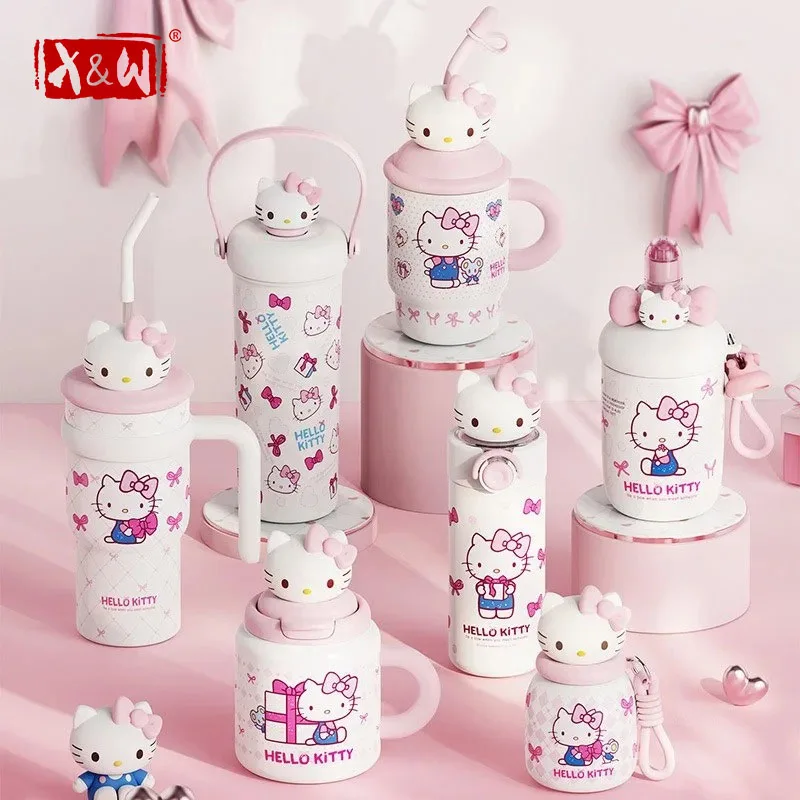 X&W Hello Kitty Rosa Schleife Niedliche Isolierte Tasse Auslaufsicher und Kältebeständig Warme Kaffeetasse Outdoor-Sport Camping Tragbare Wassertasse