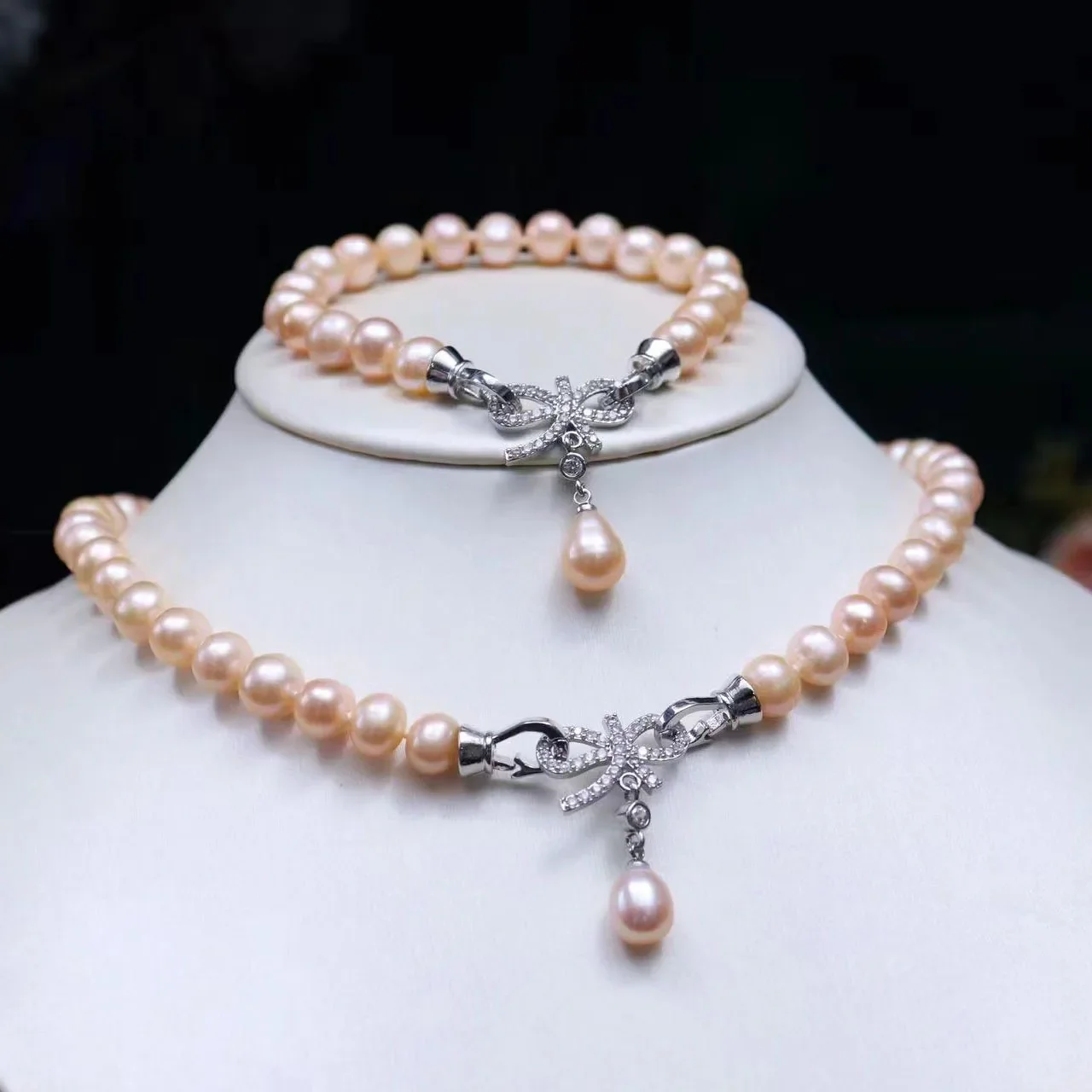 

Natural Pearl AAAA 8-9mm South Sea Pink white Pearl Necklace 18inch+7.5-8inch Bracelet with Opening Ring 925s