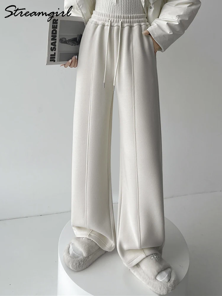 Streamgirl سميكة بناطيل شتوية دافئة للنساء الصوف البني بنطلون مستقيم الساق عالية الخصر المرأة سراويل شتوية مكتب دافئ