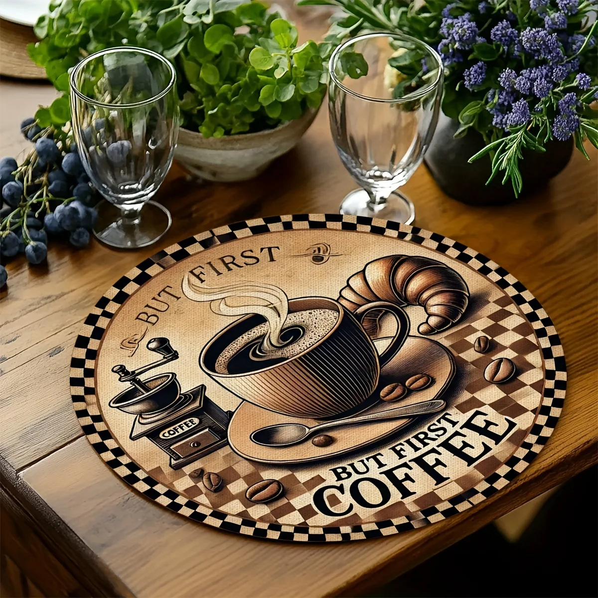 VIKAMA Vintage Coffee Croissant Round Placemat Retro Kitchen Table Mat Waterproof Heat Resistant Plate Pad Breakfast Decor